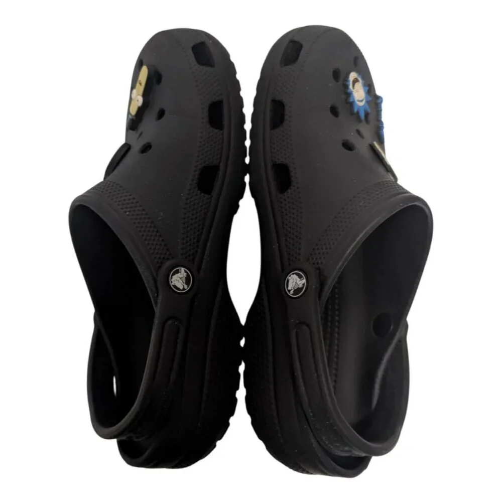 Crocs Classic Clogs Black Mens 9 Womens 11 with Rick and Morty Jibbitz Charms